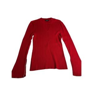 Women L holiday red glitter split long sleeve sweaters crew neck keyhole glitter